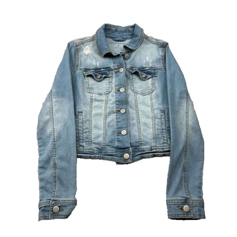 Aeropostale Trucker Jacket Womens Medium Blue Real Denim Distressed Button Fader